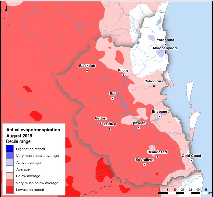 Actual evapotranspiration deciles: August 2019