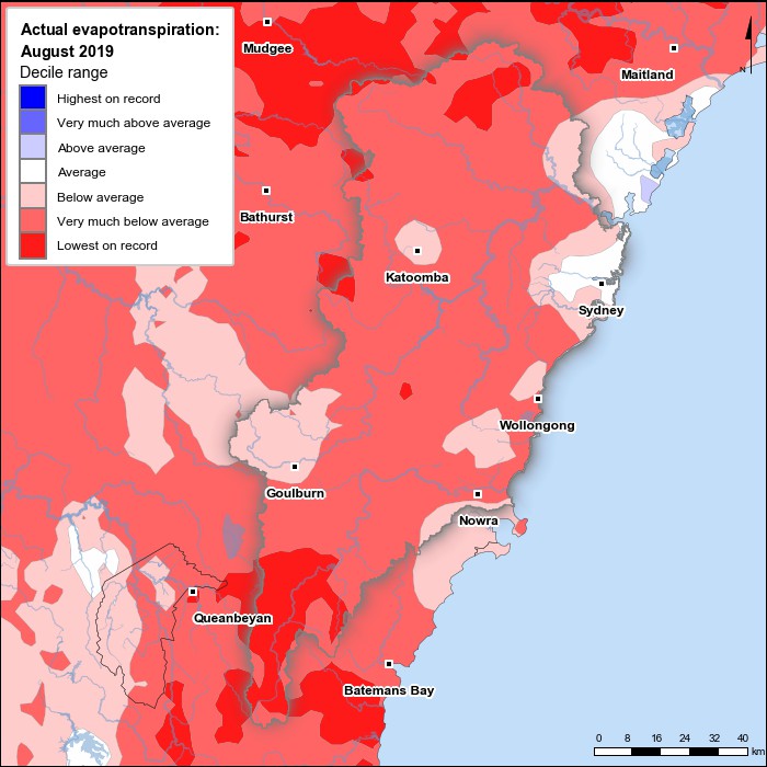 Actual evapotranspiration deciles: August 2019