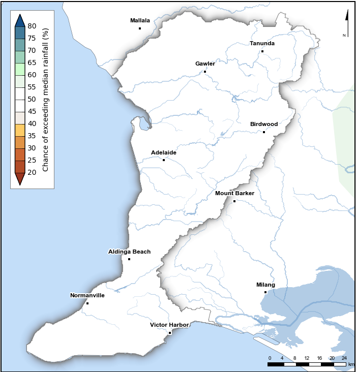 Map of Adelaide region showing the spatial distribution of the chance of exceeding median rainfall in percentage categories for March–May 2022. Rainfall has a 45–55% chance of exceeding median rainfall during March–May 2022 across the region. Key aspects of the rainfall map are described in the text below the figure.