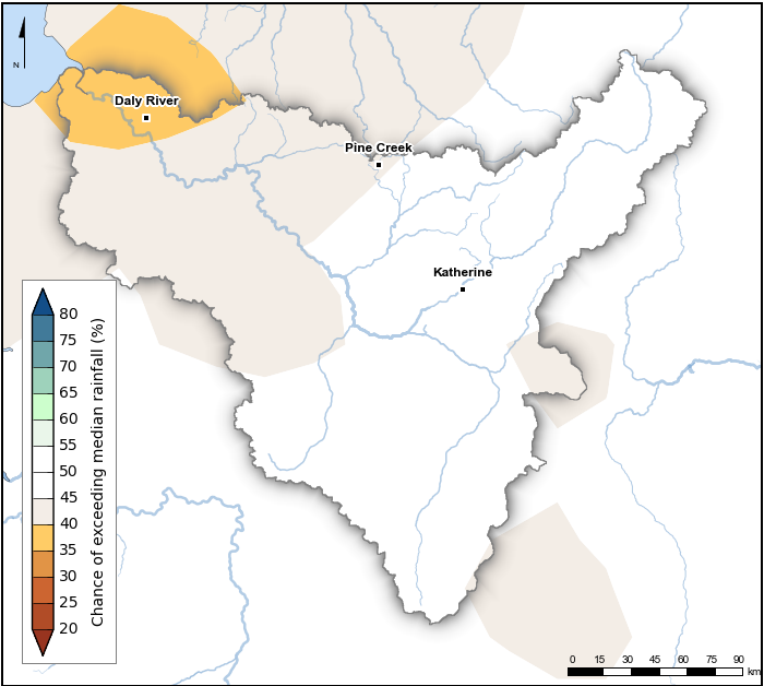 Map of Daly region showing the spatial distribution of the chance of exceeding median rainfall in percentage categories for December 2021–February 2022. Rainfall has a less than 50% chance of exceeding median rainfall during December 2021–February 2022 across most of the region and a less than 40% chance of exceeding median rainfall in northwestern parts of the region. Key aspects of the rainfall map are described in the text below the figure.