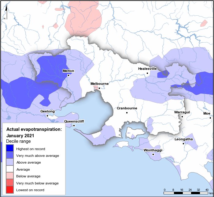 Actual evapotranspiration deciles: January 2021