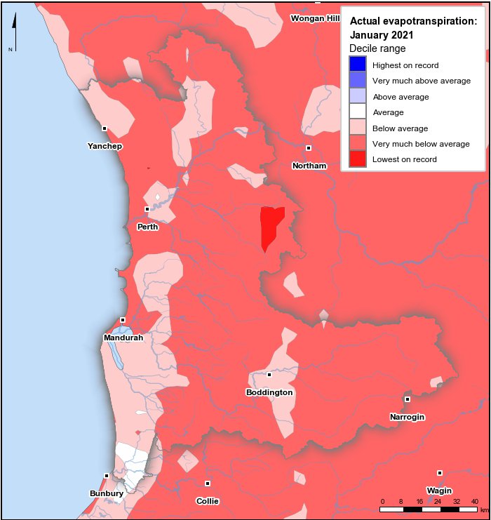 Actual evapotranspiration deciles: January 2021