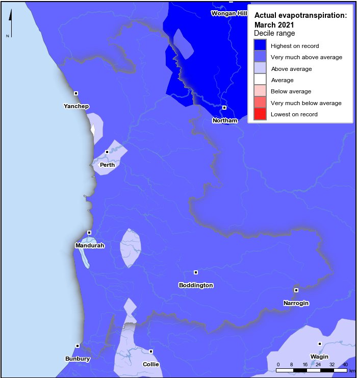 Actual evapotranspiration deciles: March 2021