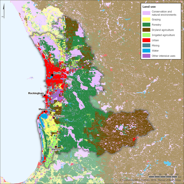 Map showing the distribution and land use types. The city of Perth is located in the northern part of the region along the coast. Urban land use is concentrated in the Perth metropolitan area and includes the urban centres of Rockingham and Mandurah, south of Perth city. Primary land use is forestry, which occurs throughout the entire region, followed by conservation and natural environments, as well as dryland agriculture.