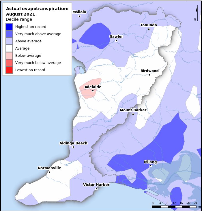 Actual evapotranspiration deciles: August 2021