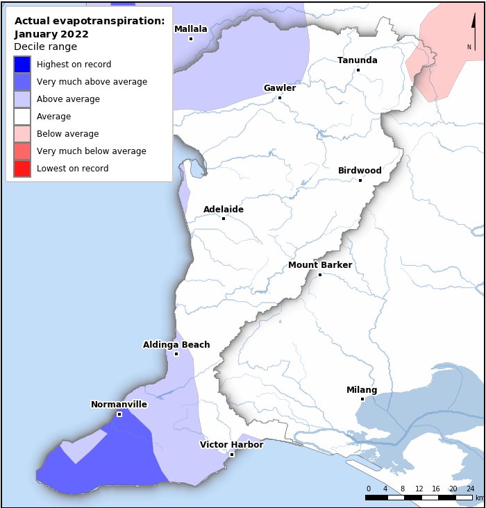 Actual evapotranspiration deciles: January 2022