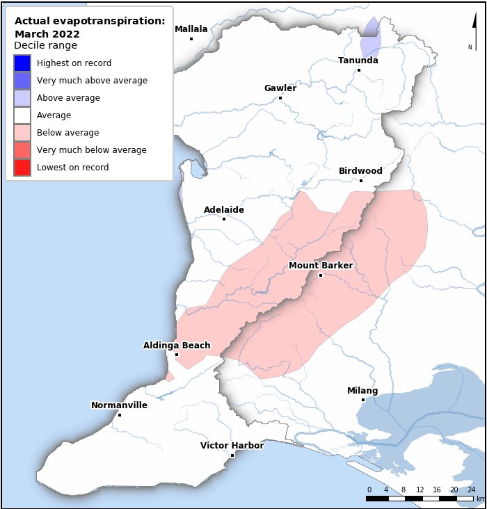 Actual evapotranspiration deciles: March 2022