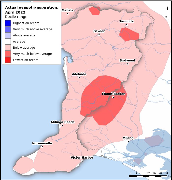 Actual evapotranspiration deciles: April 2022