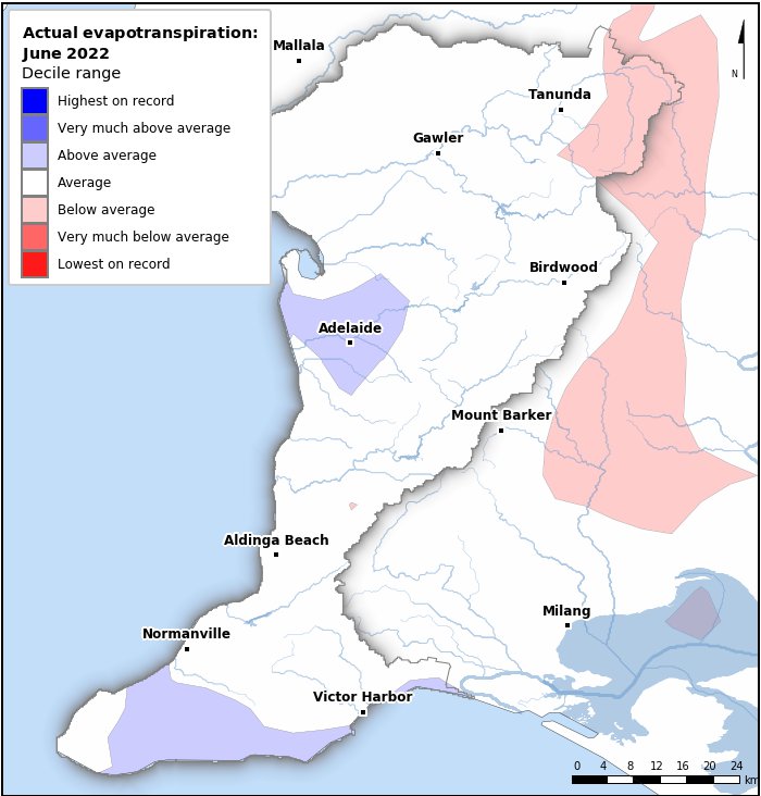 Actual evapotranspiration deciles: June 2022