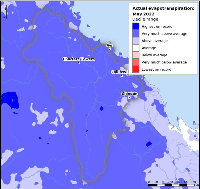 Actual evapotranspiration deciles: May 2022
