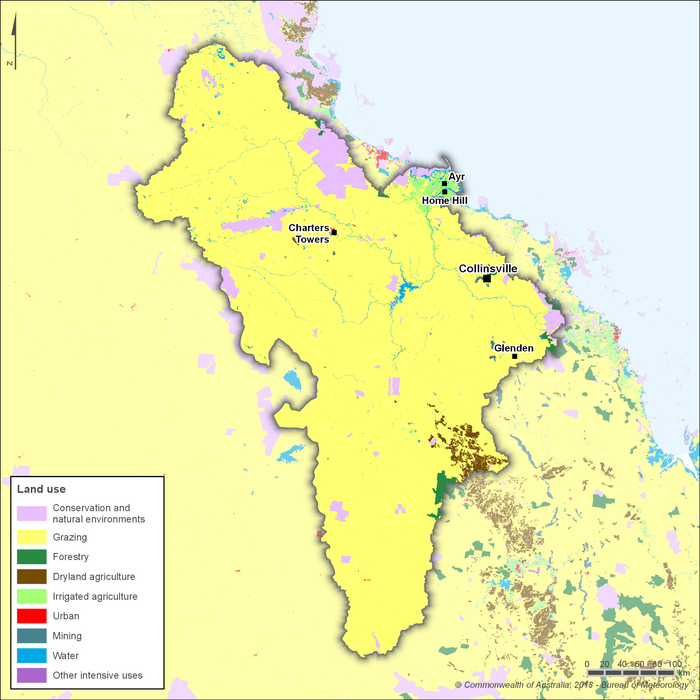 Map showing distribution and land use types. Major towns include Charters Towers, Ayr, Home Hill, Collinsville and Glenden. Primary land use is grazing followed by conservation and natural environments.