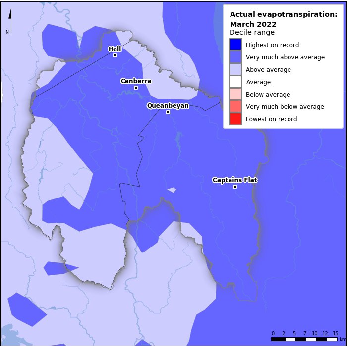 Actual evapotranspiration deciles: March 2022