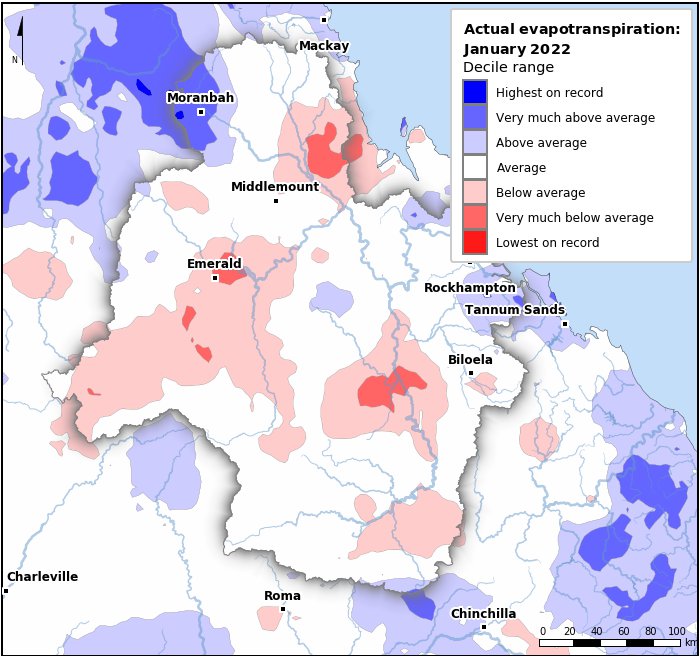 Actual evapotranspiration deciles: January 2022