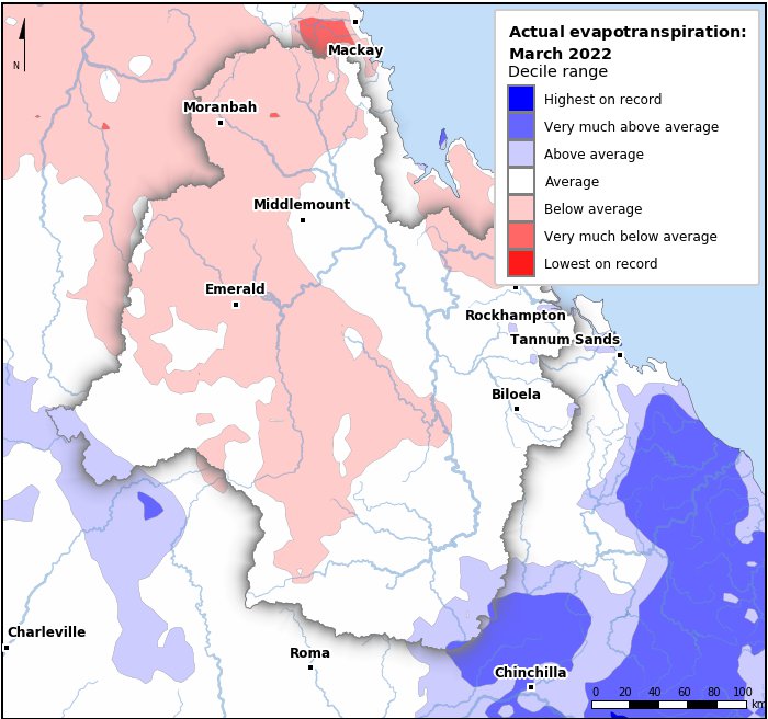 Actual evapotranspiration deciles: March 2022