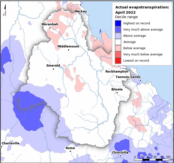 Actual evapotranspiration deciles: April 2022