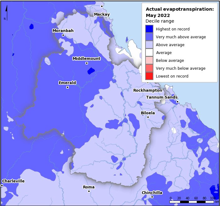 Actual evapotranspiration deciles: May 2022