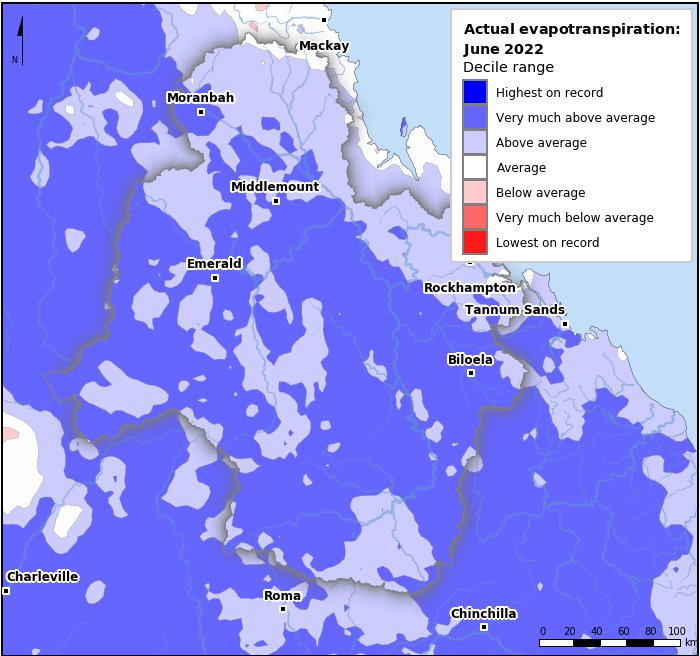 Actual evapotranspiration deciles: June 2022