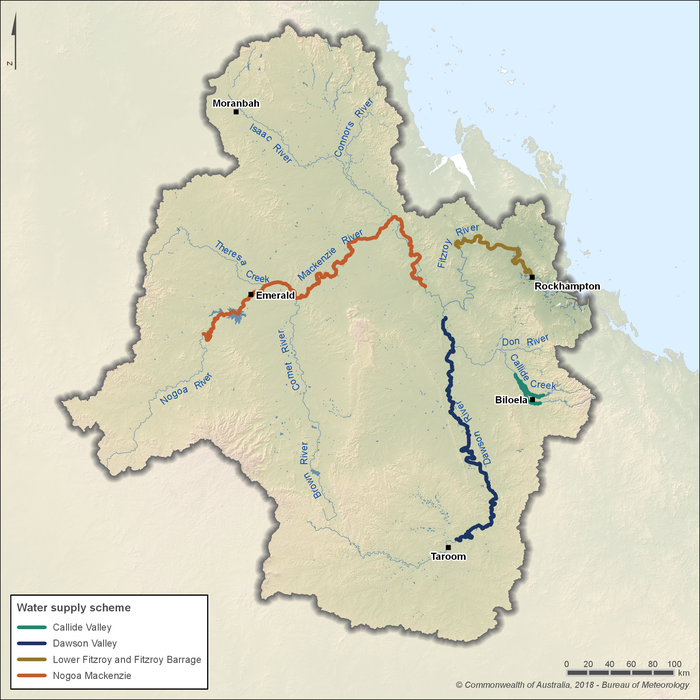 Map of four water supply schemes. The Nogoa Mackenzie scheme is located in the central northern part of the region along the Nagoa and Mackenzie rivers and includes Fairbairn Dam. The Dawson Valley scheme is located along the Dawson River extending from the central eastern part of the region to the south near Taroom. The Callide Valley scheme is in the east near Biloela. Lower Fitzroy and Fitzroy Barrage scheme covers a 100 km stretch of the Fitzroy river northwest of Rockhampton.
