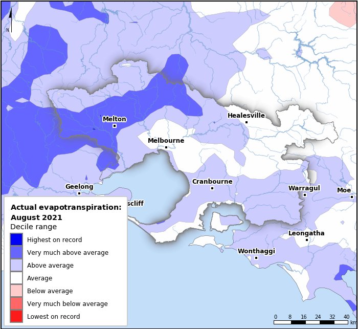 Actual evapotranspiration deciles: August 2021