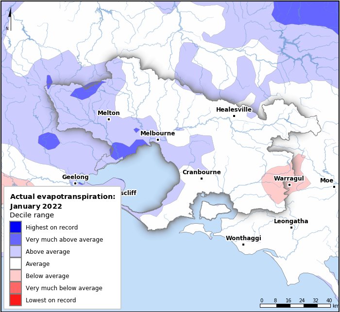 Actual evapotranspiration deciles: January 2022