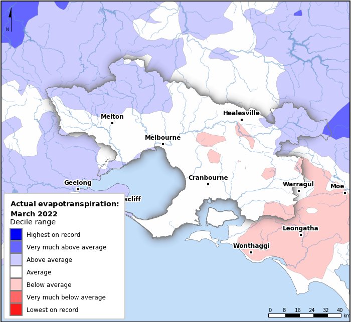 Actual evapotranspiration deciles: March 2022