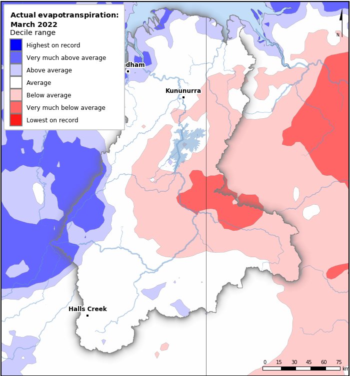 Actual evapotranspiration deciles: March 2022