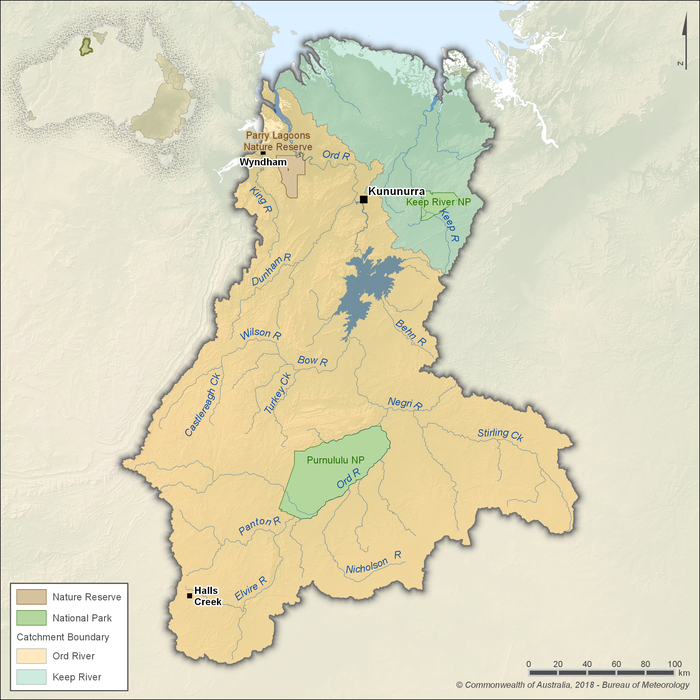 Map of water catchments and conservation areas. Keep River catchment in the northeast and Ord River catchment in the remainder of the region. Purnululu National Park is in the central southern part of the region. Keep River National Park is in the northeast. Parry Lagoons Nature Reserve is in the northwest.