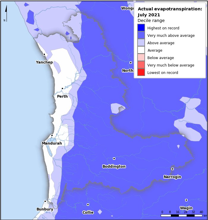 Actual evapotranspiration deciles: July 2021