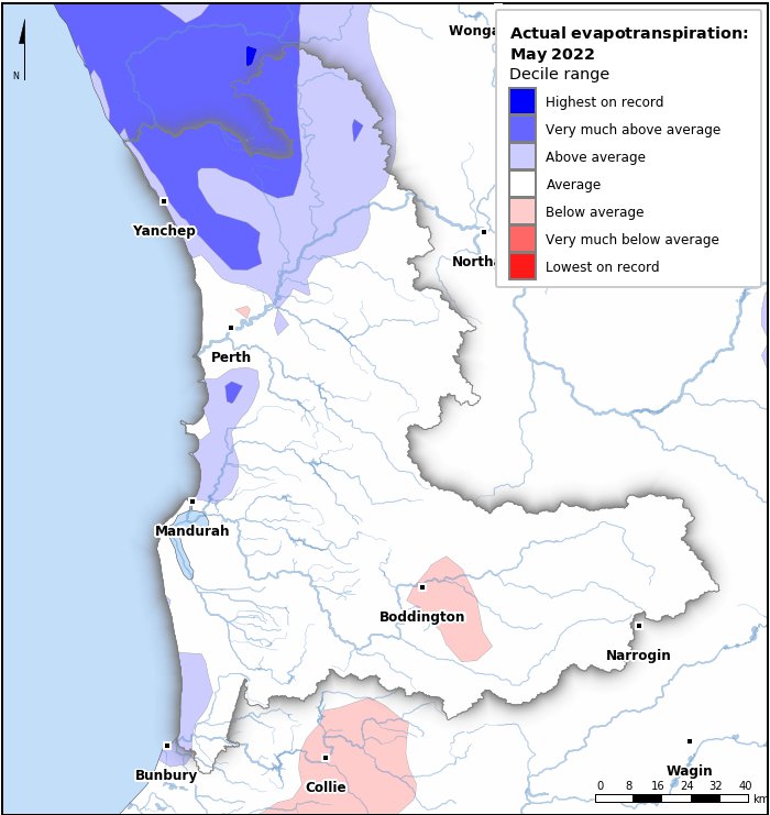 Actual evapotranspiration deciles: May 2022