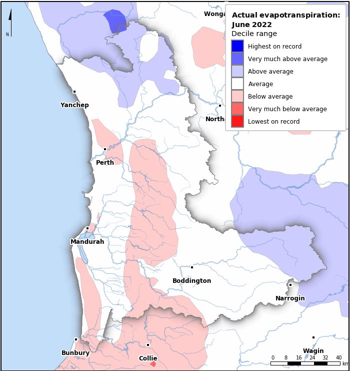 Actual evapotranspiration deciles: June 2022