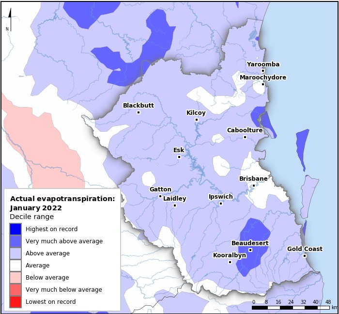 Actual evapotranspiration deciles: January 2022
