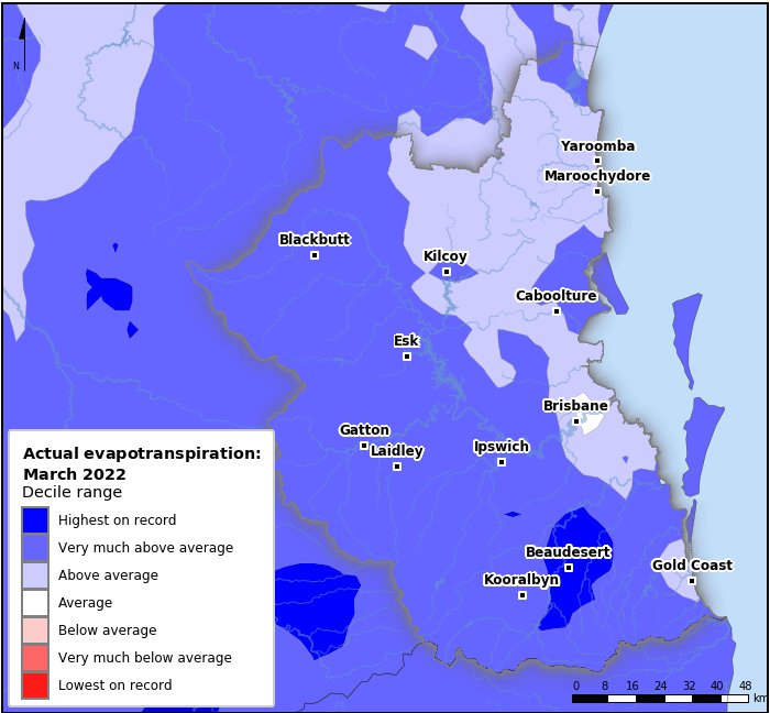 Actual evapotranspiration deciles: March 2022