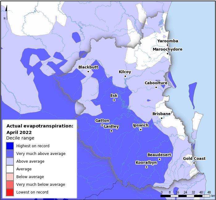 Actual evapotranspiration deciles: April 2022