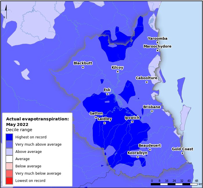 Actual evapotranspiration deciles: May 2022
