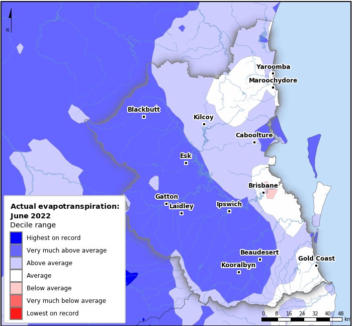 Actual evapotranspiration deciles: June 2022
