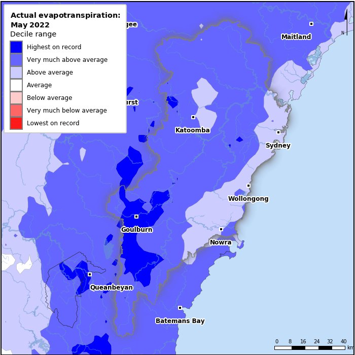 Actual evapotranspiration deciles: May 2022