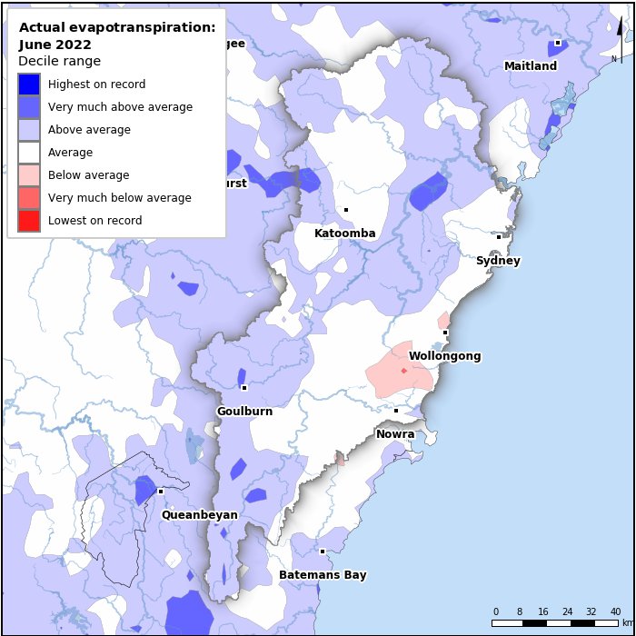 Actual evapotranspiration deciles: June 2022