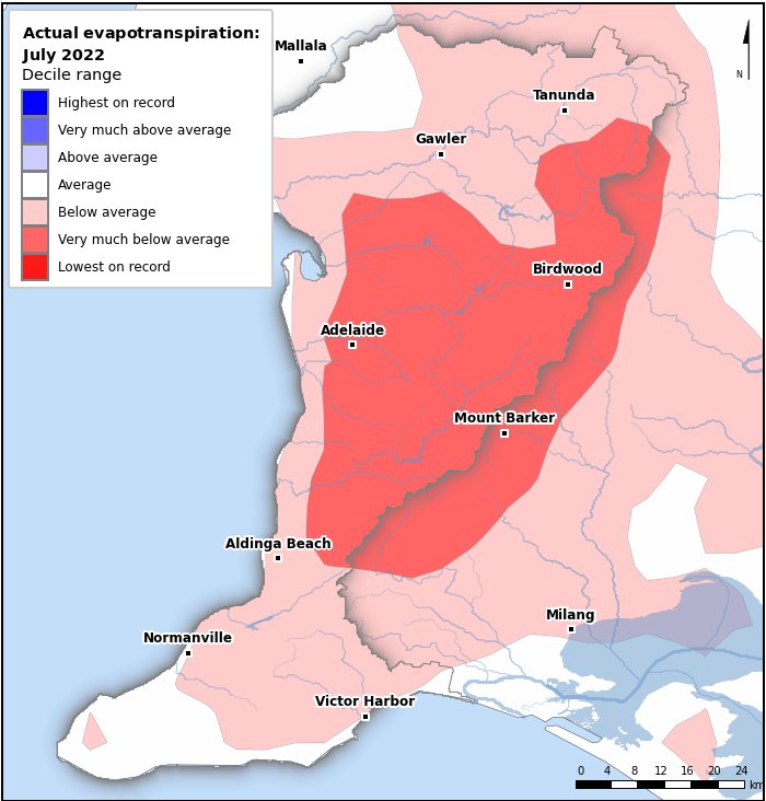 Actual evapotranspiration deciles: July 2022