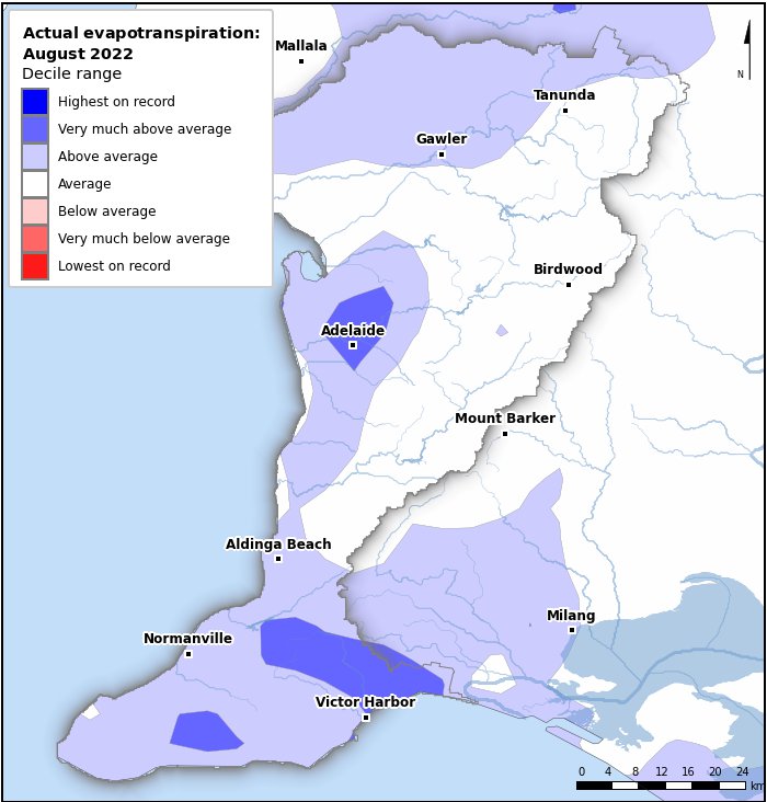 Actual evapotranspiration deciles: August 2022