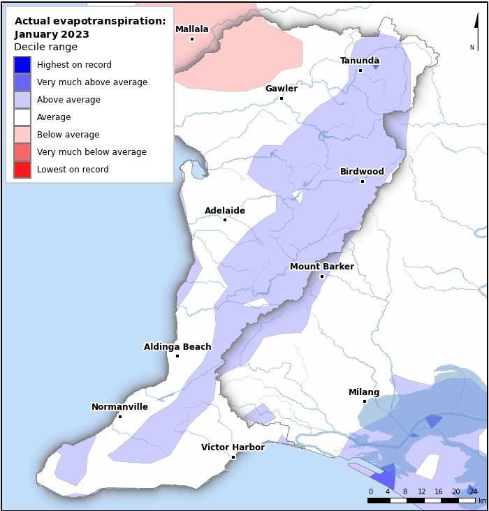 Actual evapotranspiration deciles: January 2023