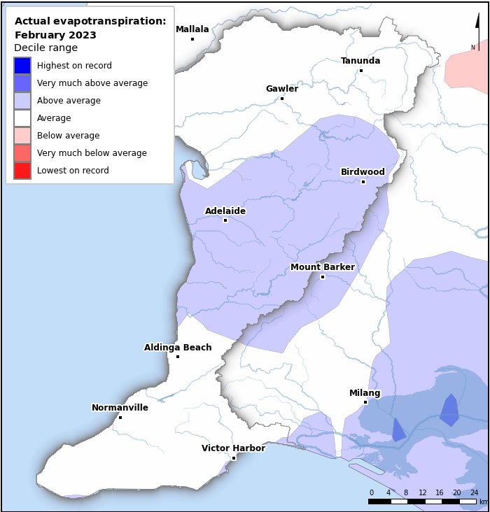 Actual evapotranspiration deciles: February 2023