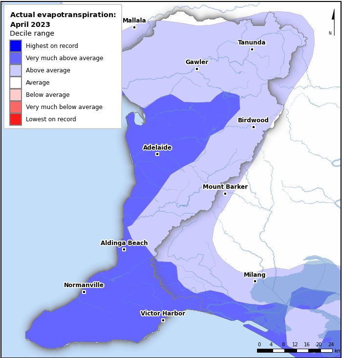 Actual evapotranspiration deciles: April 2023