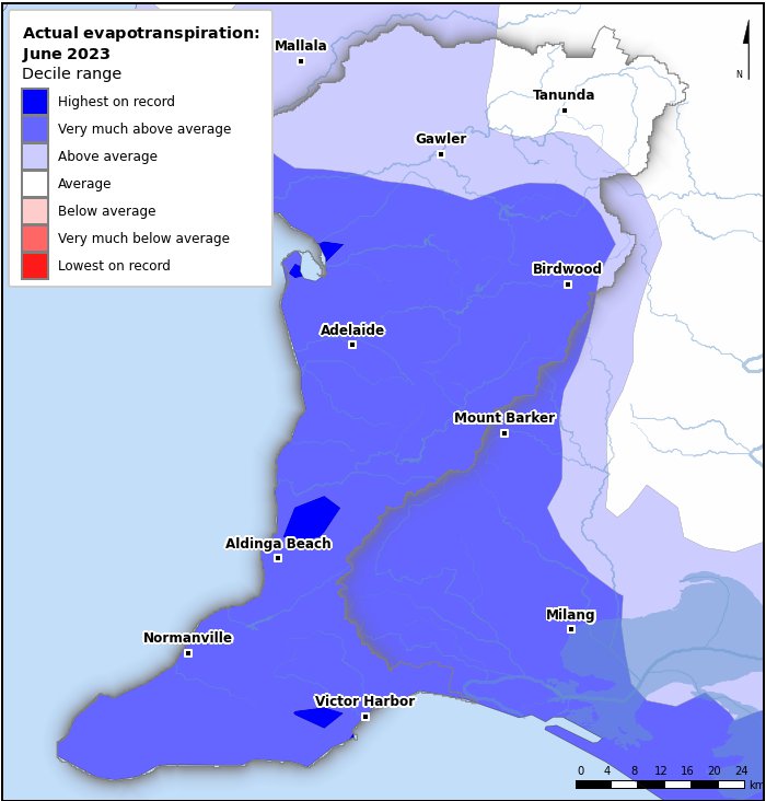 Actual evapotranspiration deciles: June 2023