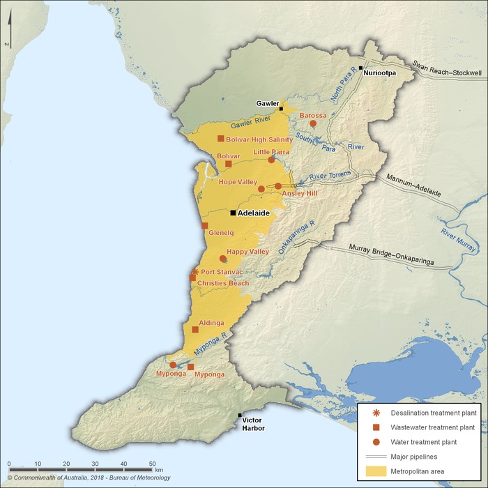 Map of the urban water system infrastructure. There are 6 water treatment plants, 6 wastewater treatment plants, and 1 desalination plant located mostly within the Adelaide metropolitan area. There are also 3 major water supply pipelines from the River Murray to the region's storages: Swan Reach–Stockwell, Mannum–Adelaide, and Murray Bridge–Onkaparinga.
