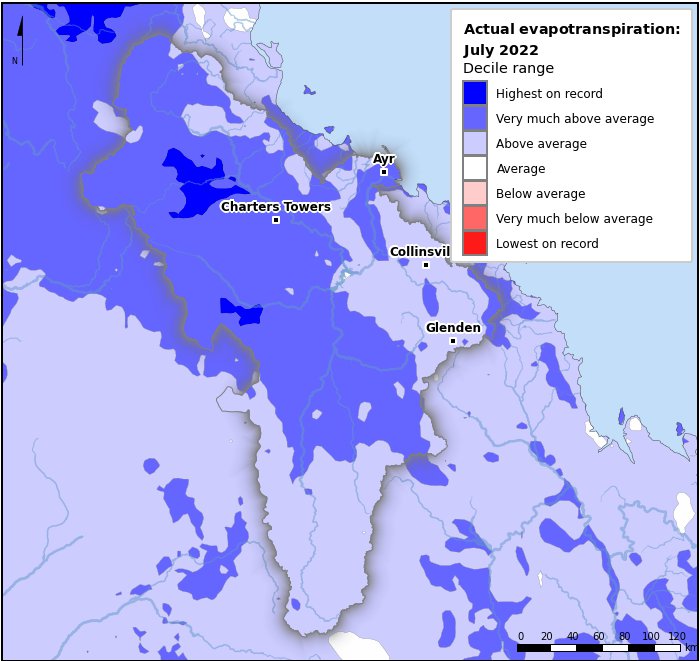 Actual evapotranspiration deciles: July 2022