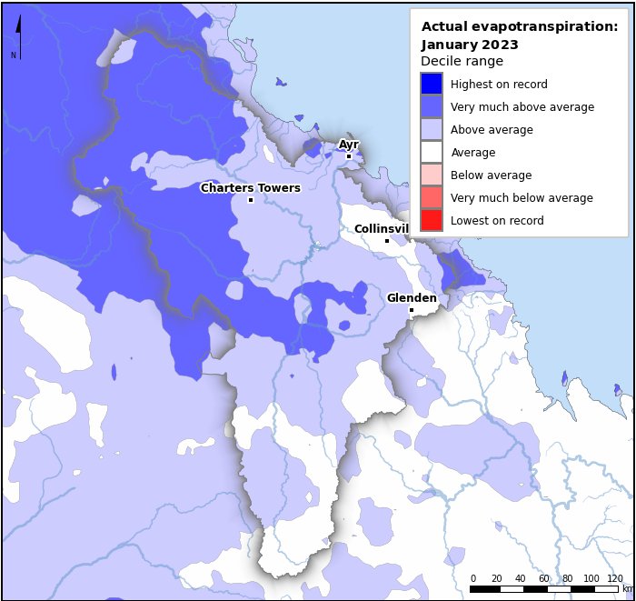 Actual evapotranspiration deciles: January 2023