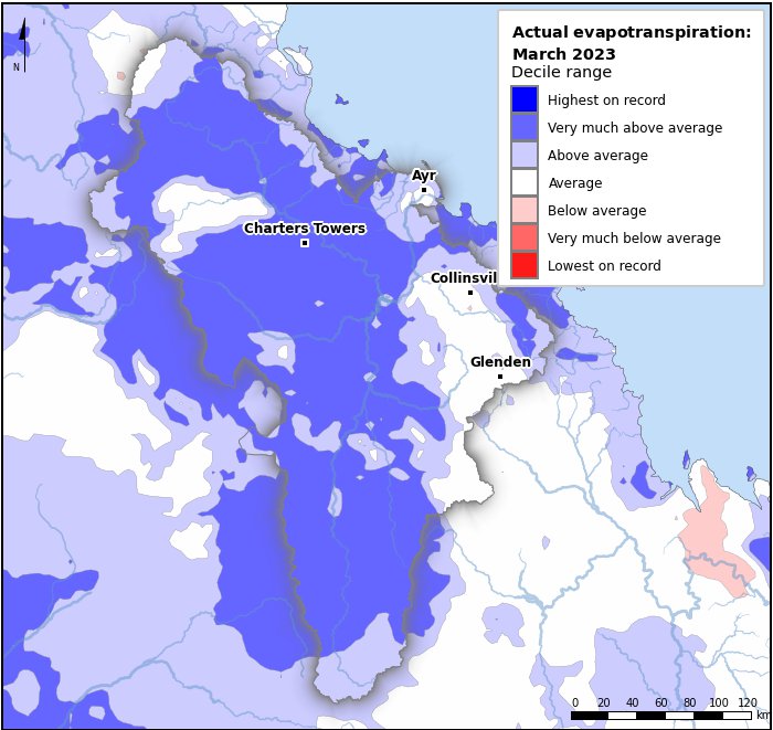 Actual evapotranspiration deciles: March 2023