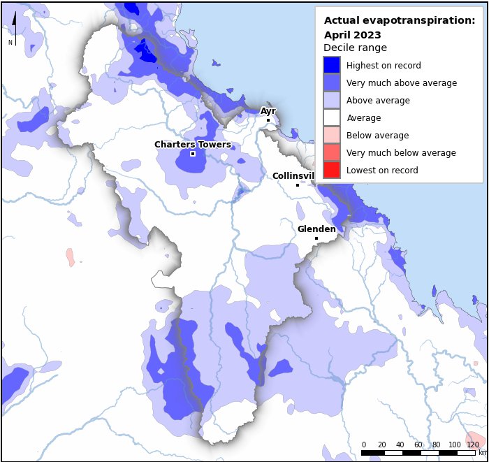 Actual evapotranspiration deciles: April 2023
