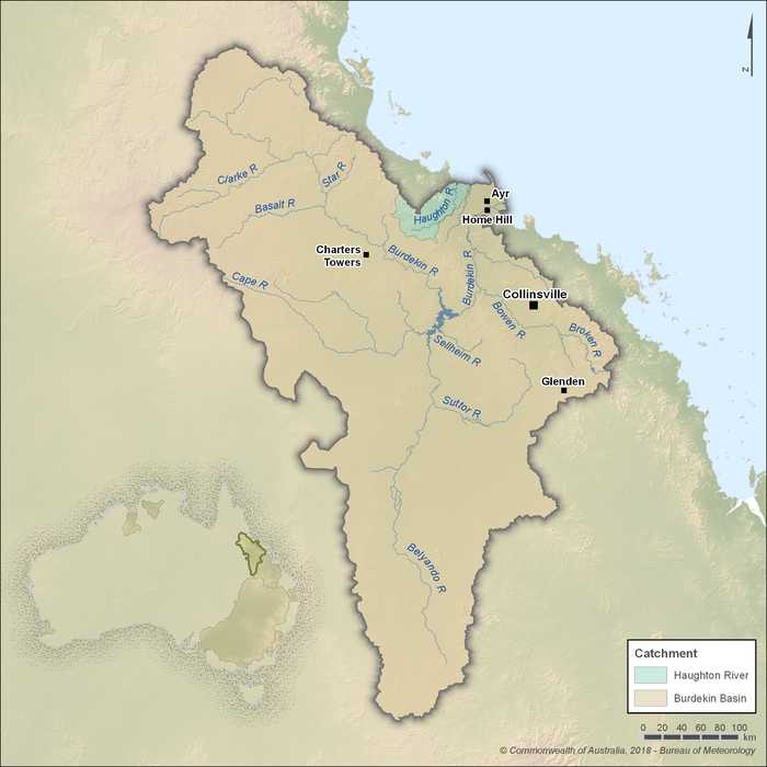 Map of two water catchments. Haughton River catchment in the north near the coast and Burdekin River catchment in the remainder of the region.