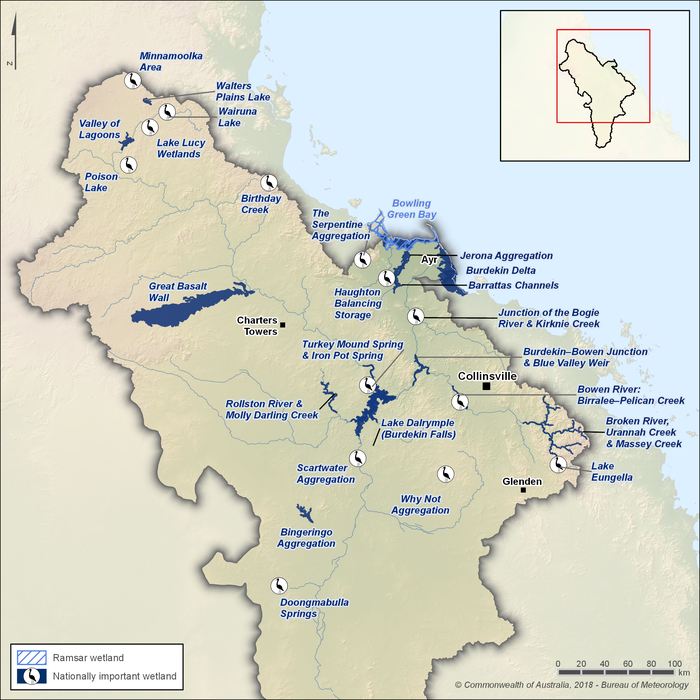 Map of Ramsar wetlands and nationally important wetlands. Nationally important wetlands are mainly located in the north and northeast of the region; some are distributed across central parts of the region. The Ramsar-listed wetland, Bowling Green Bay, is in the region's northeast along the coast.